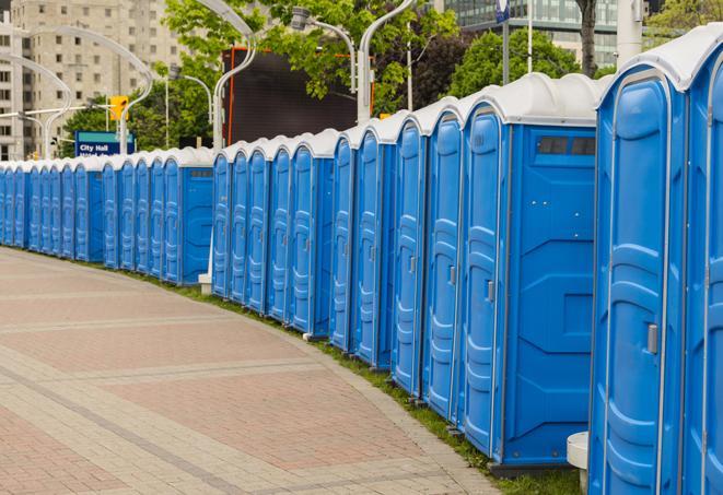 a row of sleek and modern portable restrooms at a special outdoor event in Lake Sherwood CA